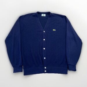 Vintage Izod Lacoste Cardigan Mens M Button Front Sweater Blue Acrylic Knit 80s